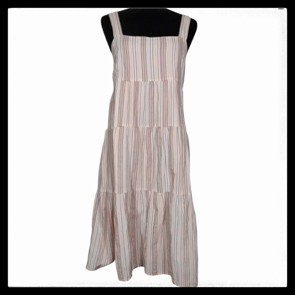 Madewell Button-Back Tiered Dress In Textural Rainbow Stripe Size 8 Style L8505